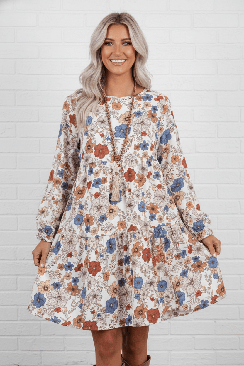 Floral Round Neck Ruffle Long Sleeve Dress - Rooted & Reckless Co.