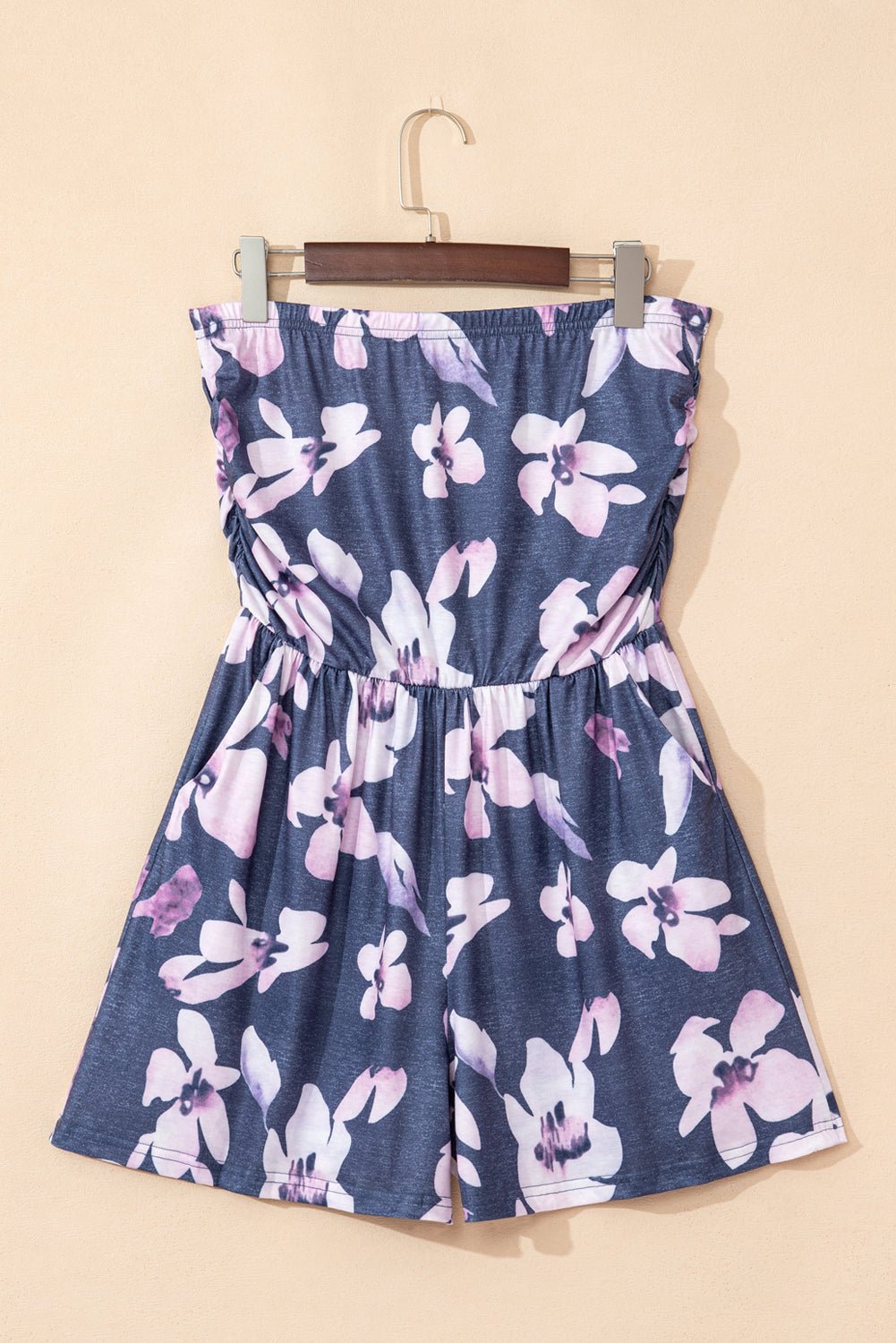 Floral Ruched Strapless Bandeau Pocketed Romper - Rooted & Reckless Co.