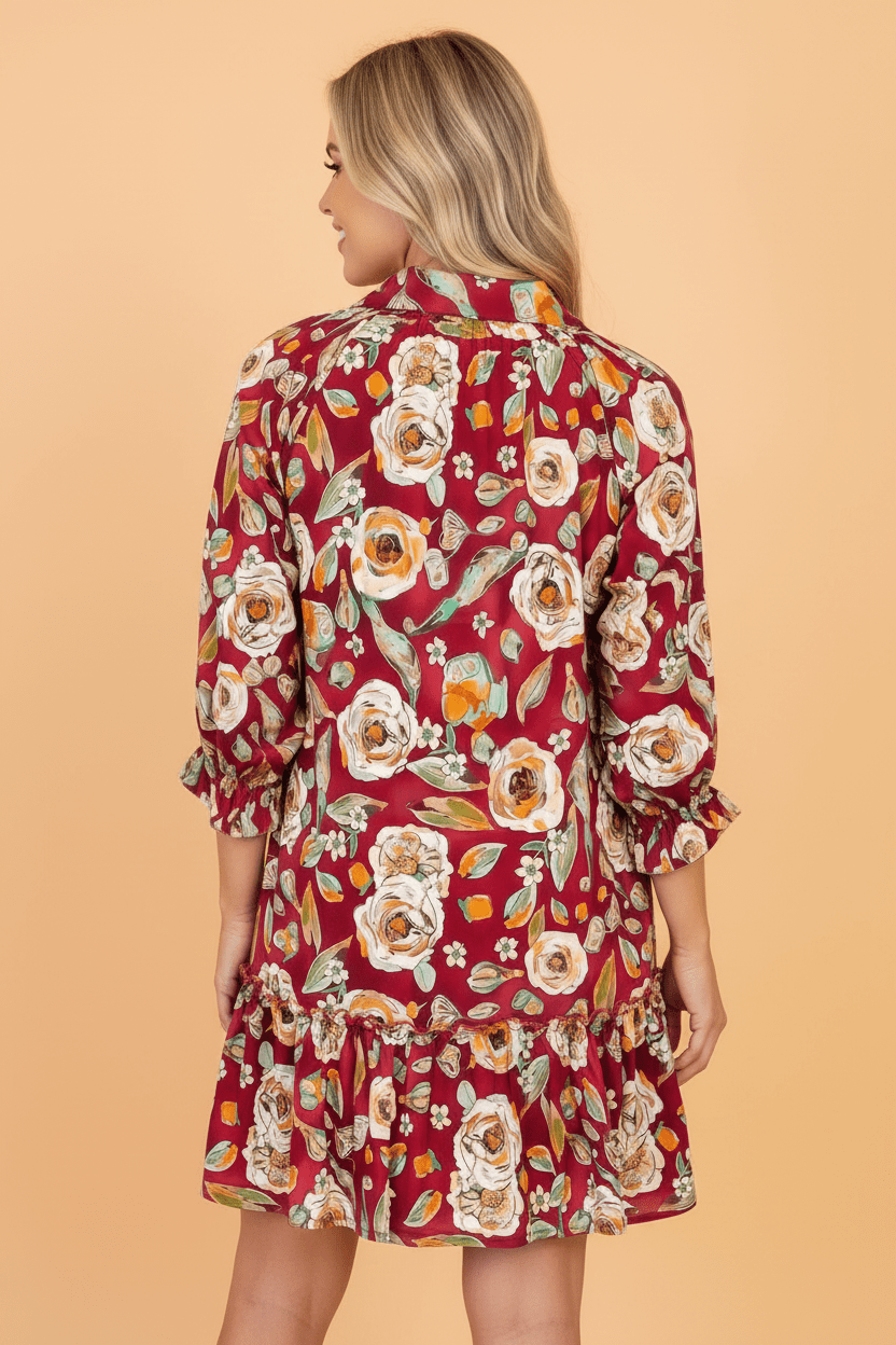 Floral Ruffle 3/4 Sleeve V-Neck Mini Dress - Rooted & Reckless Co.