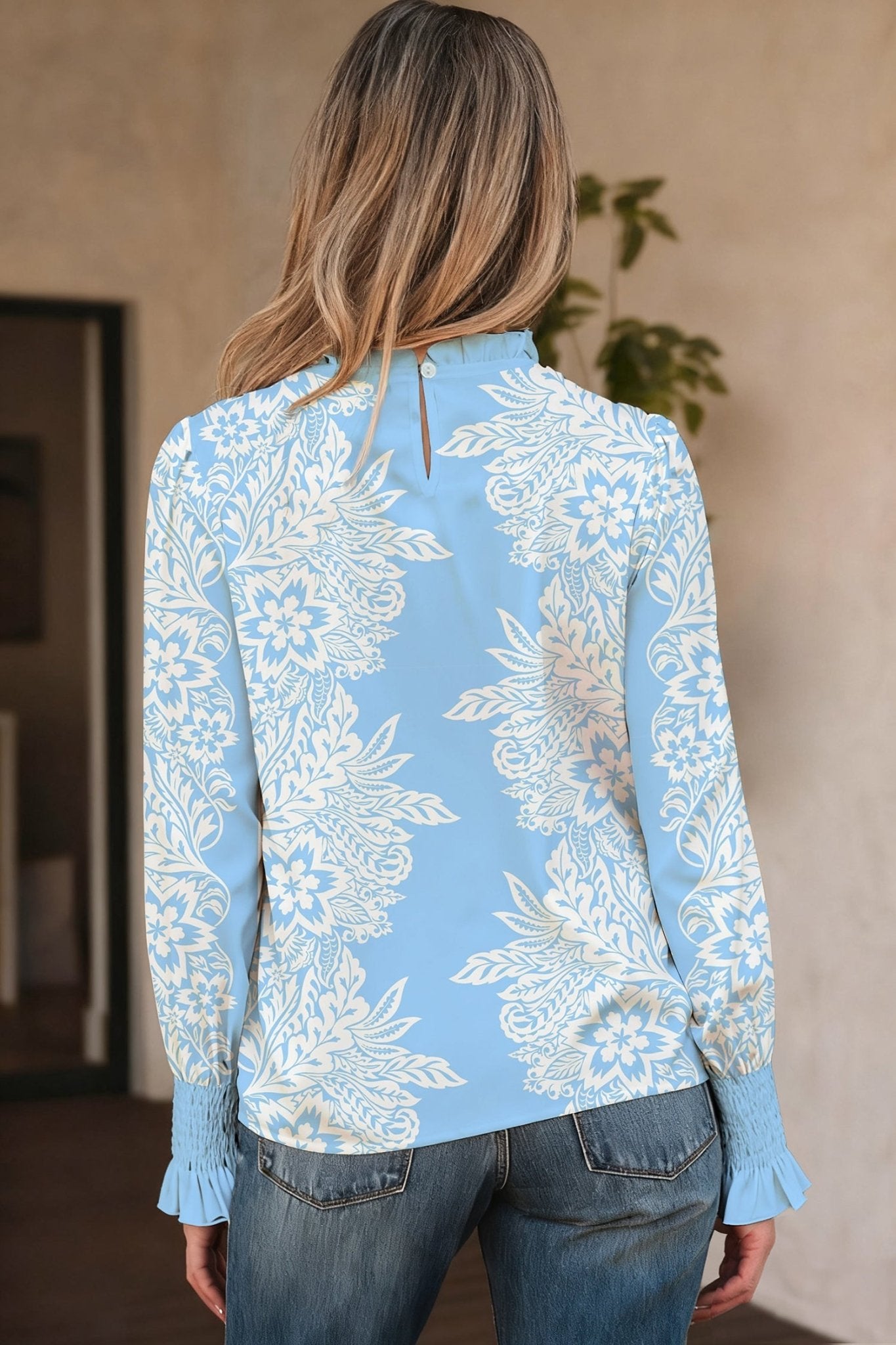 Floral Ruffle Collar Puff Long Sleeve Blouse - Rooted & Reckless Co.