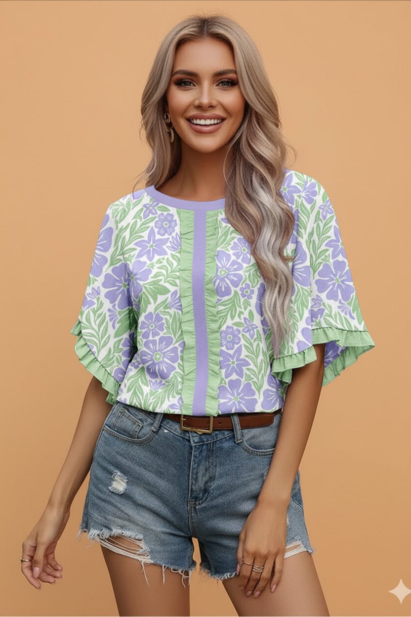 Floral Ruffle Colorblock Trim 3/4 Sleeve Blouse - Rooted & Reckless Co.