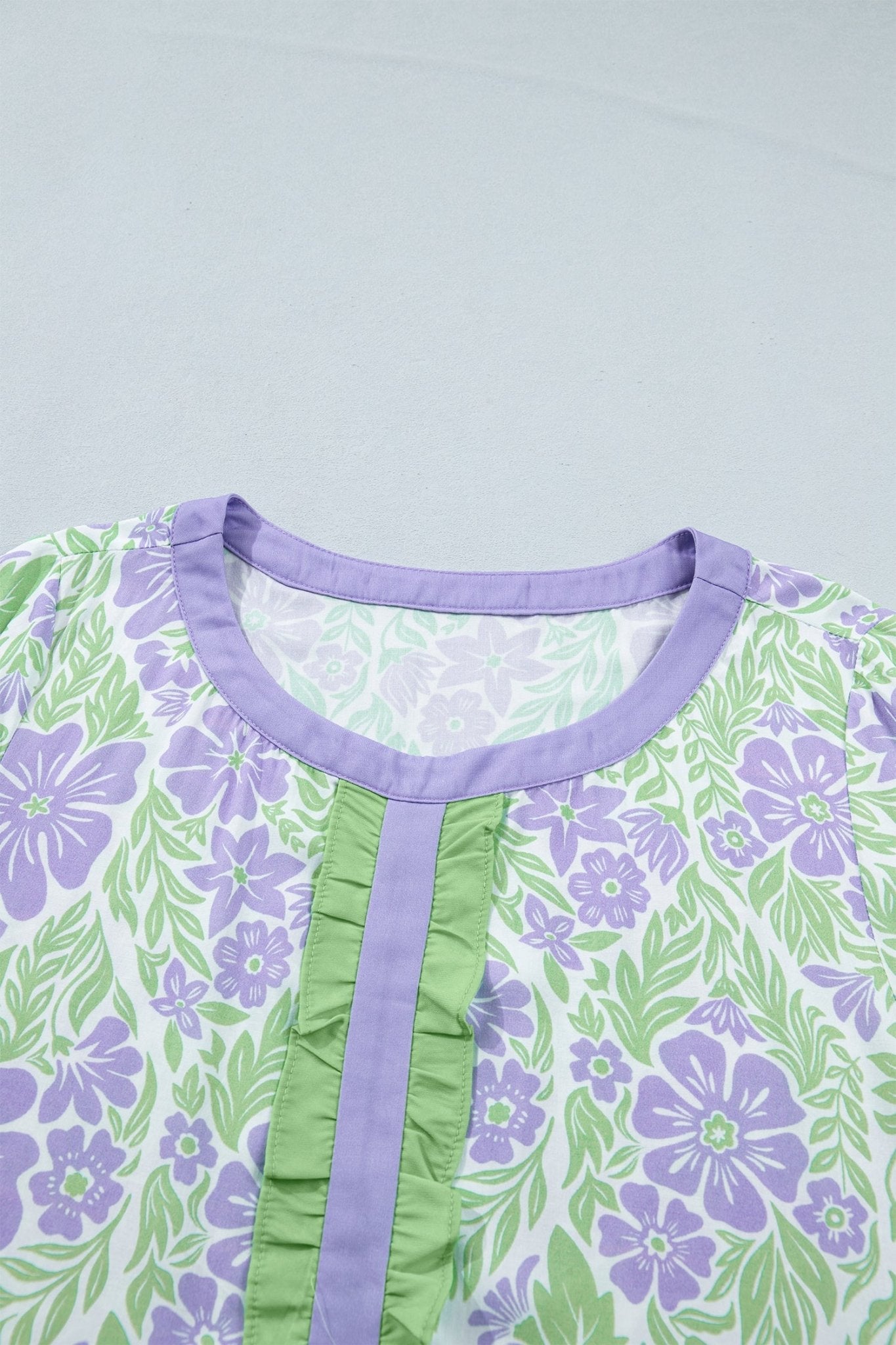 Floral Ruffle Colorblock Trim 3/4 Sleeve Blouse - Rooted & Reckless Co.