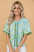 Floral Ruffle Colorblock Trim 3/4 Sleeve Blouse - Rooted & Reckless Co.