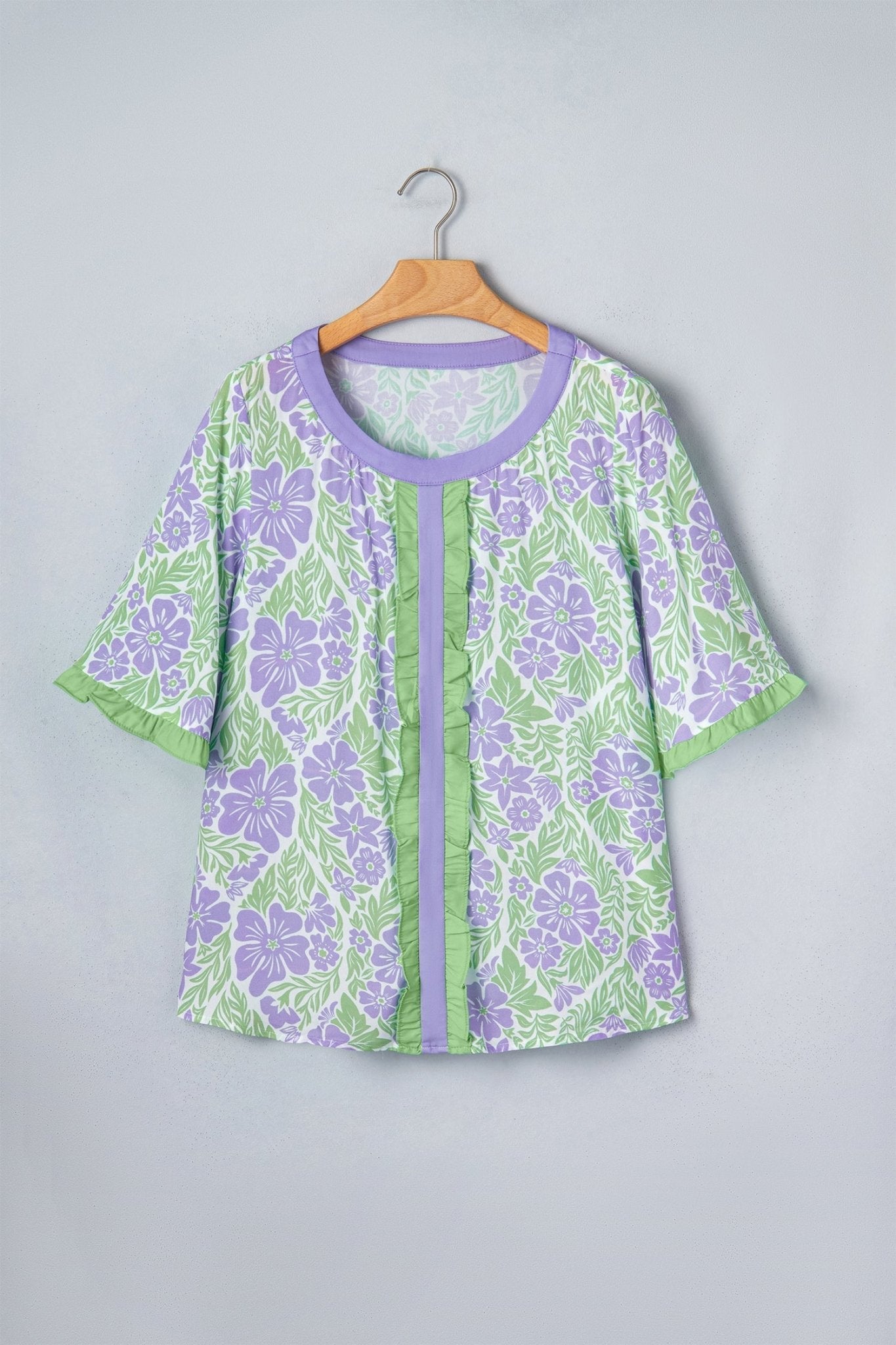 Floral Ruffle Colorblock Trim 3/4 Sleeve Blouse - Rooted & Reckless Co.