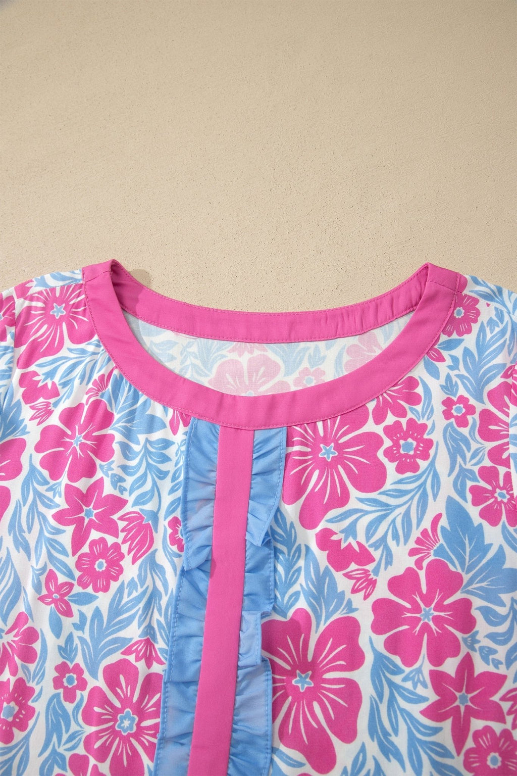 Floral Ruffle Colorblock Trim 3/4 Sleeve Blouse - Rooted & Reckless Co.