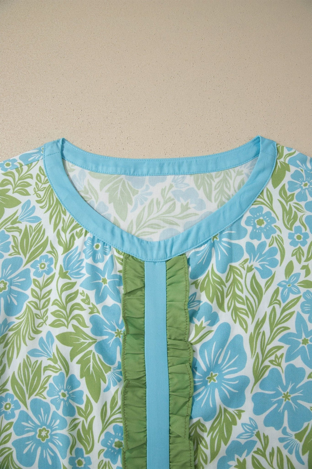 Floral Ruffle Colorblock Trim 3/4 Sleeve Blouse - Rooted & Reckless Co.