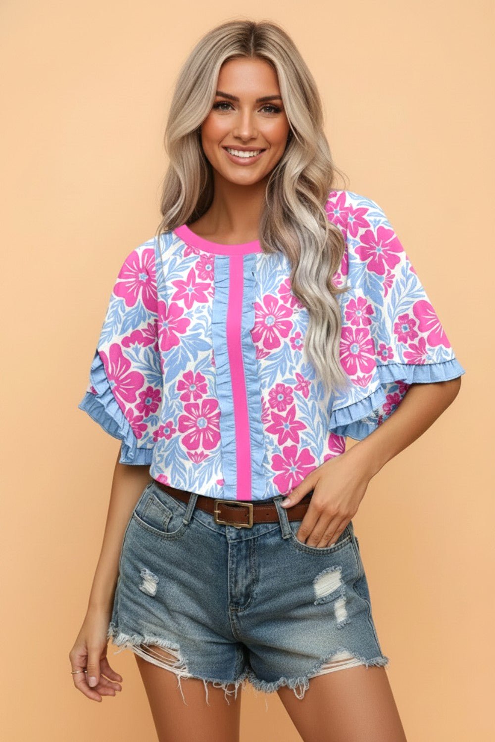 Floral Ruffle Colorblock Trim 3/4 Sleeve Blouse - Rooted & Reckless Co.