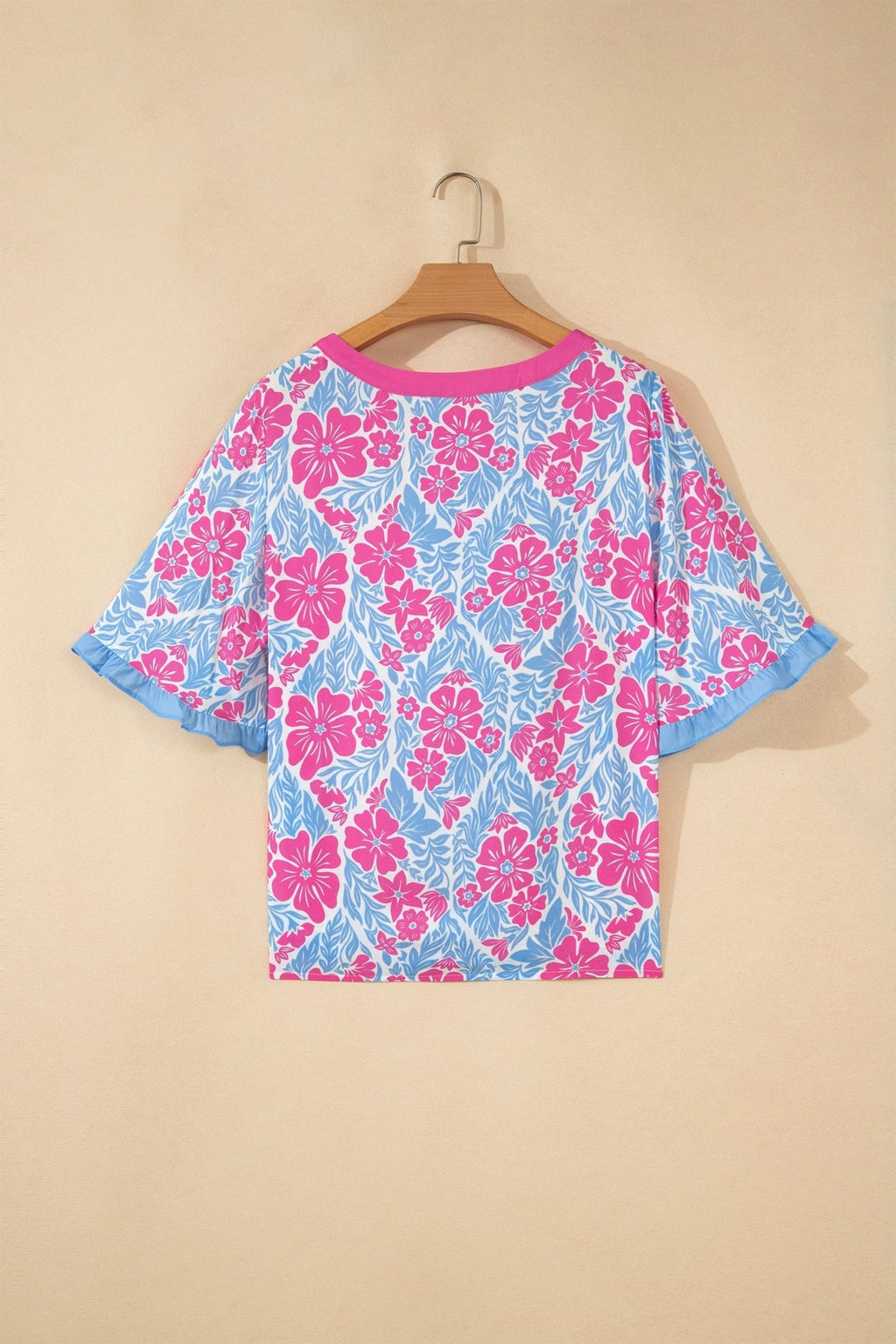 Floral Ruffle Colorblock Trim 3/4 Sleeve Blouse - Rooted & Reckless Co.