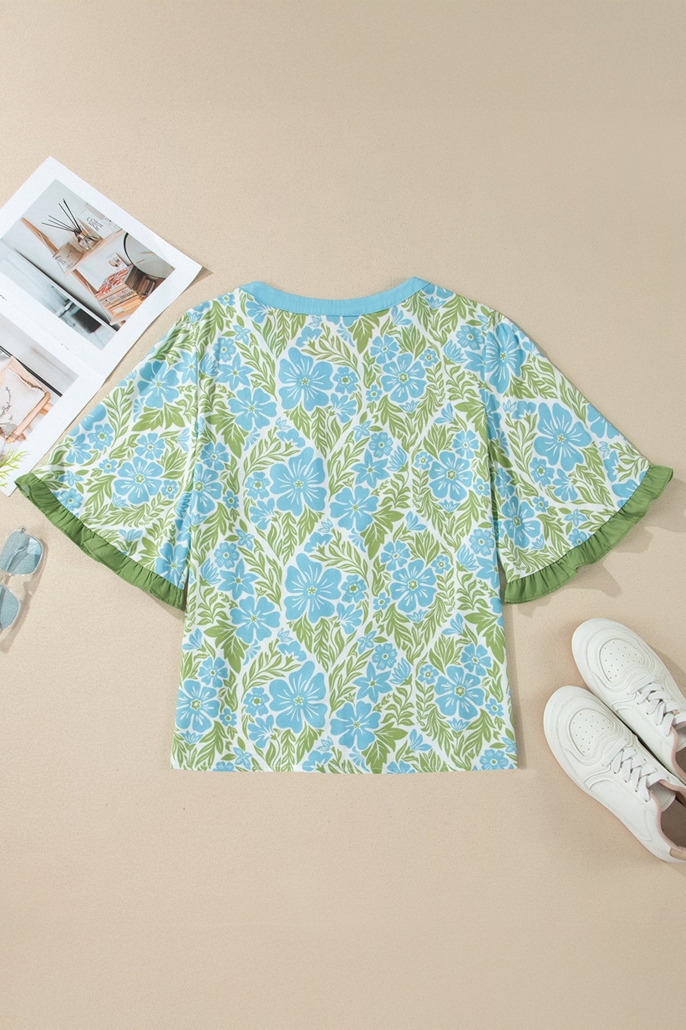 Floral Ruffle Colorblock Trim 3/4 Sleeve Blouse - Rooted & Reckless Co.
