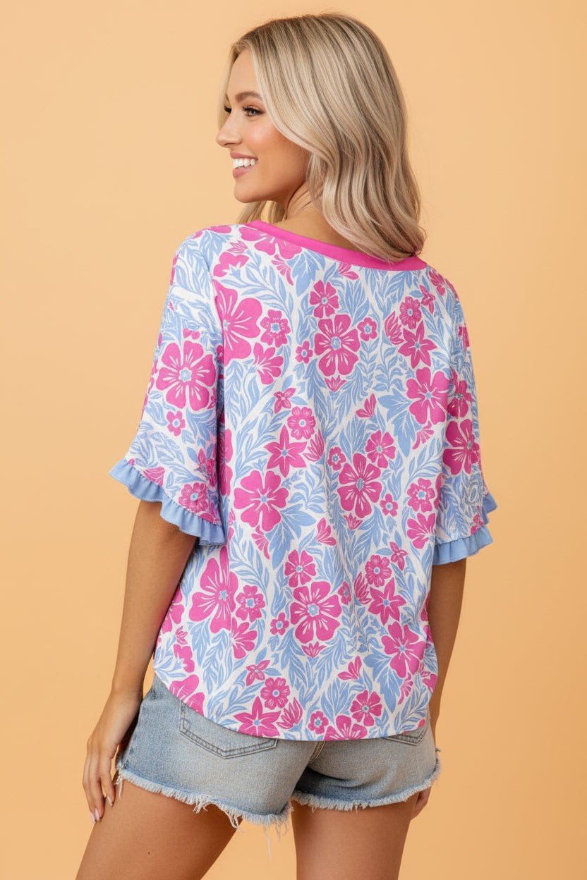 Floral Ruffle Colorblock Trim 3/4 Sleeve Blouse - Rooted & Reckless Co.