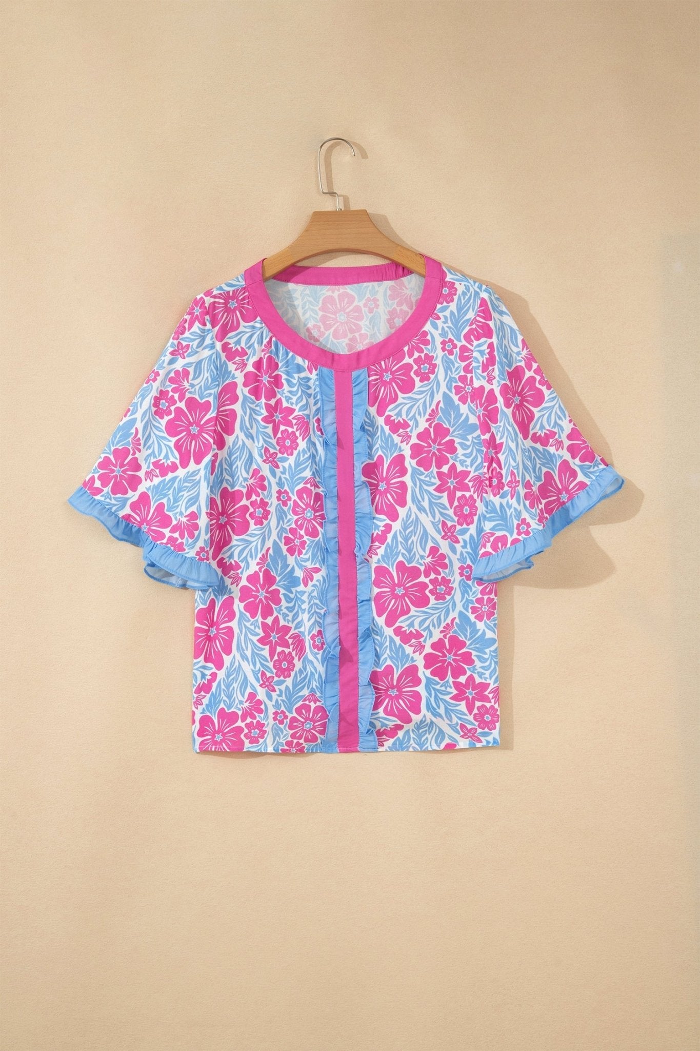 Floral Ruffle Colorblock Trim 3/4 Sleeve Blouse - Rooted & Reckless Co.