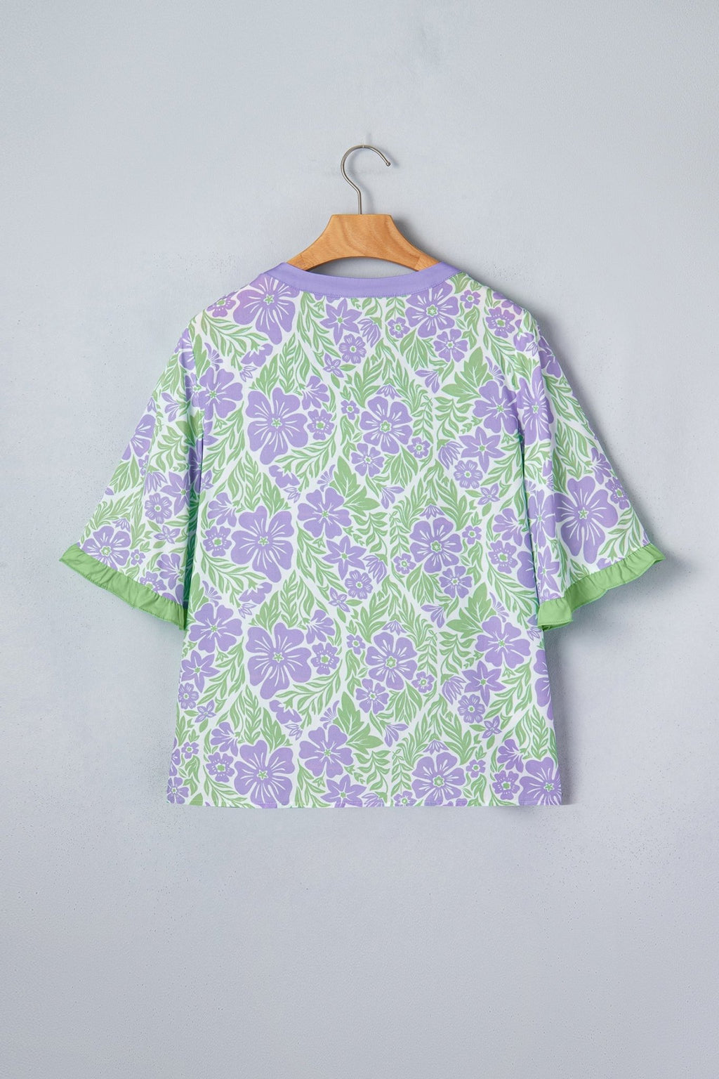 Floral Ruffle Colorblock Trim 3/4 Sleeve Blouse - Rooted & Reckless Co.