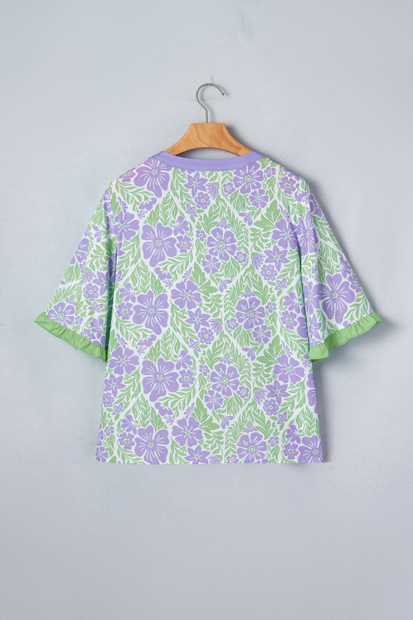 Floral Ruffle Colorblock Trim 3/4 Sleeve Blouse - Rooted & Reckless Co.