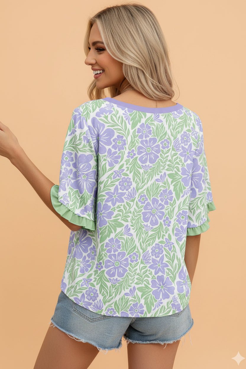 Floral Ruffle Colorblock Trim 3/4 Sleeve Blouse - Rooted & Reckless Co.