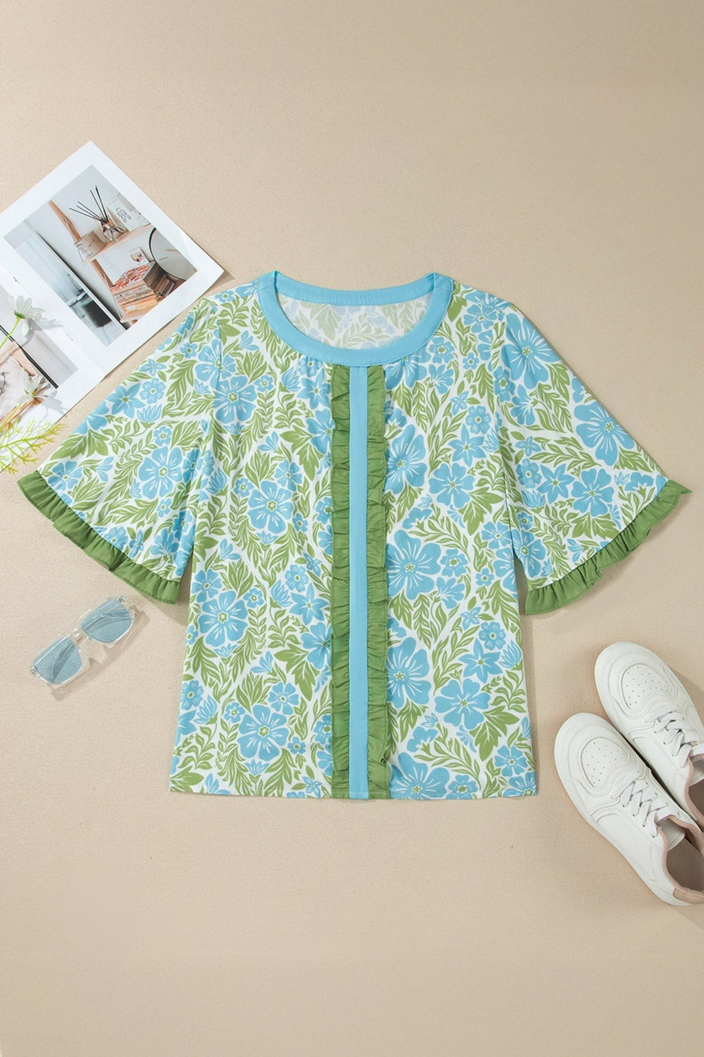 Floral Ruffle Colorblock Trim 3/4 Sleeve Blouse - Rooted & Reckless Co.