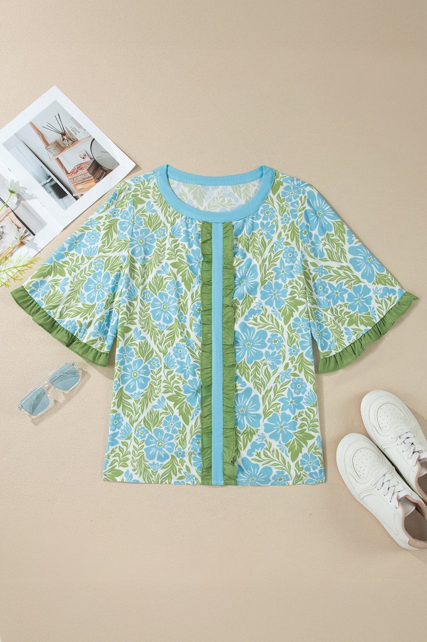 Floral Ruffle Colorblock Trim 3/4 Sleeve Blouse - Rooted & Reckless Co.