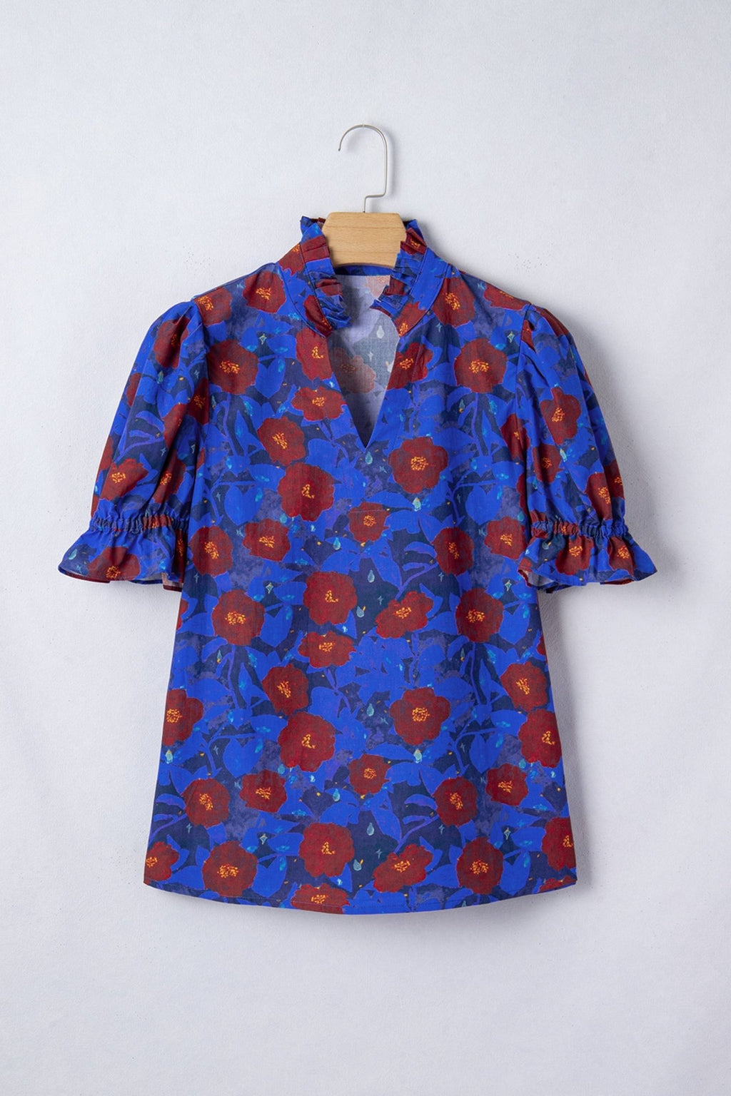 Floral Ruffle Frilled V-Neck Balloon Sleeve Blouse - Rooted & Reckless Co.
