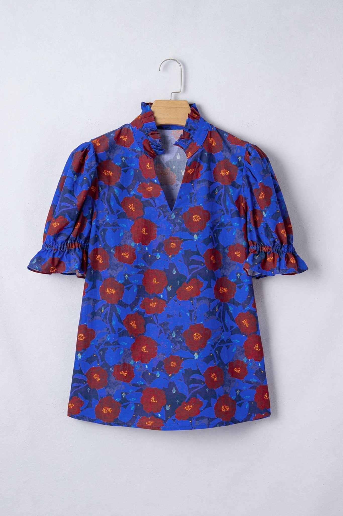 Floral Ruffle Frilled V-Neck Balloon Sleeve Blouse - Rooted & Reckless Co.
