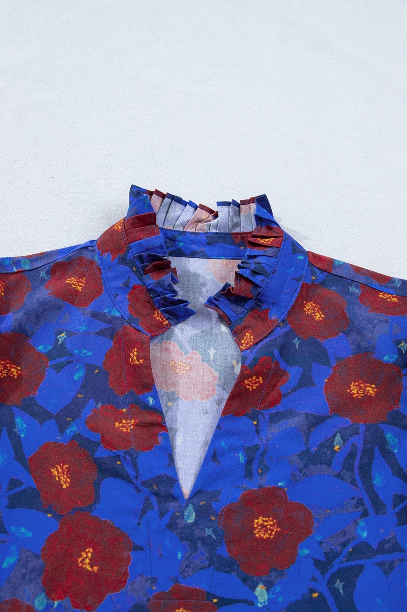 Floral Ruffle Frilled V-Neck Balloon Sleeve Blouse - Rooted & Reckless Co.