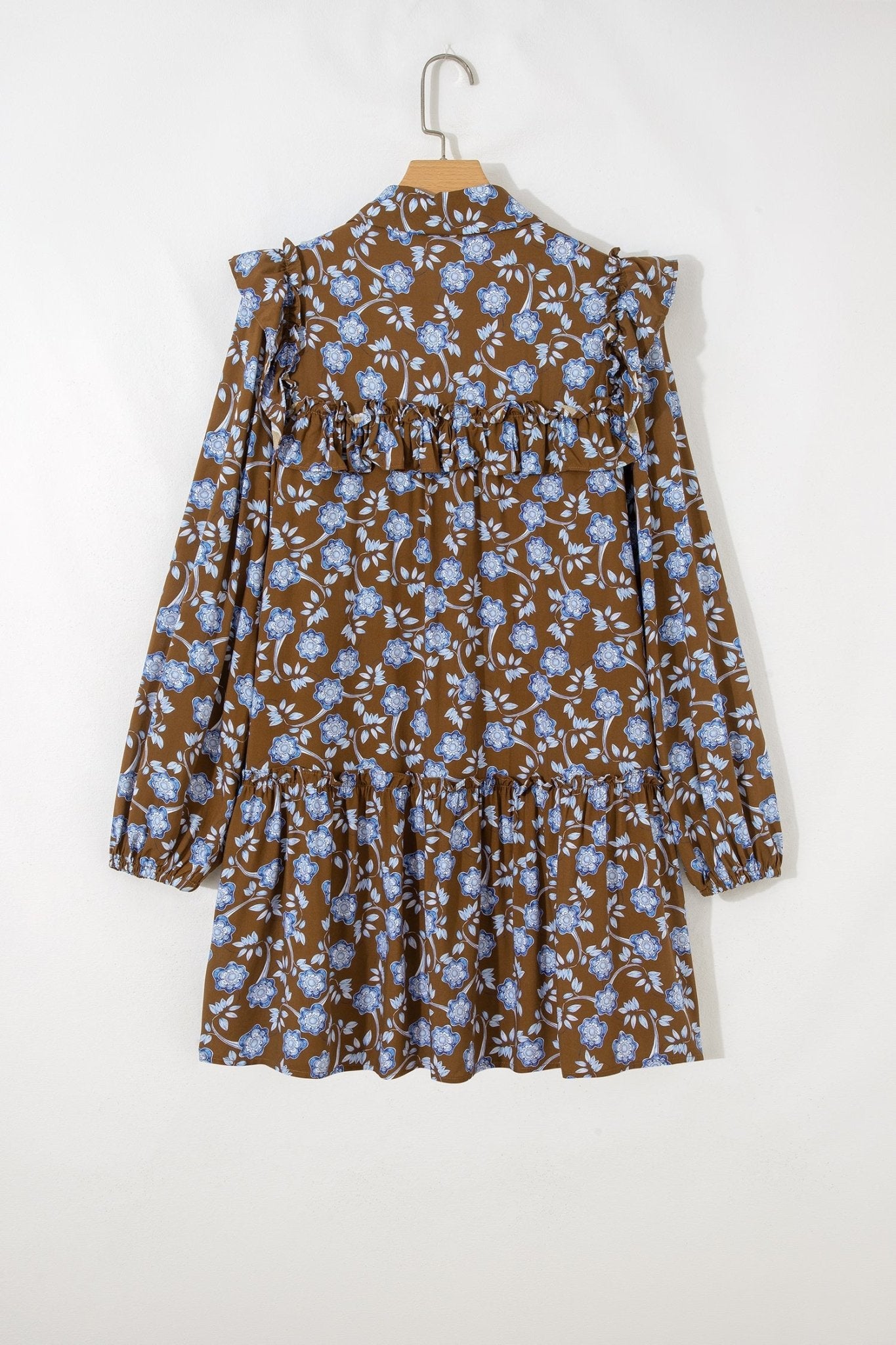 Floral Ruffle Shirt Collar Buttoned Long Sleeve Dress - Rooted & Reckless Co.