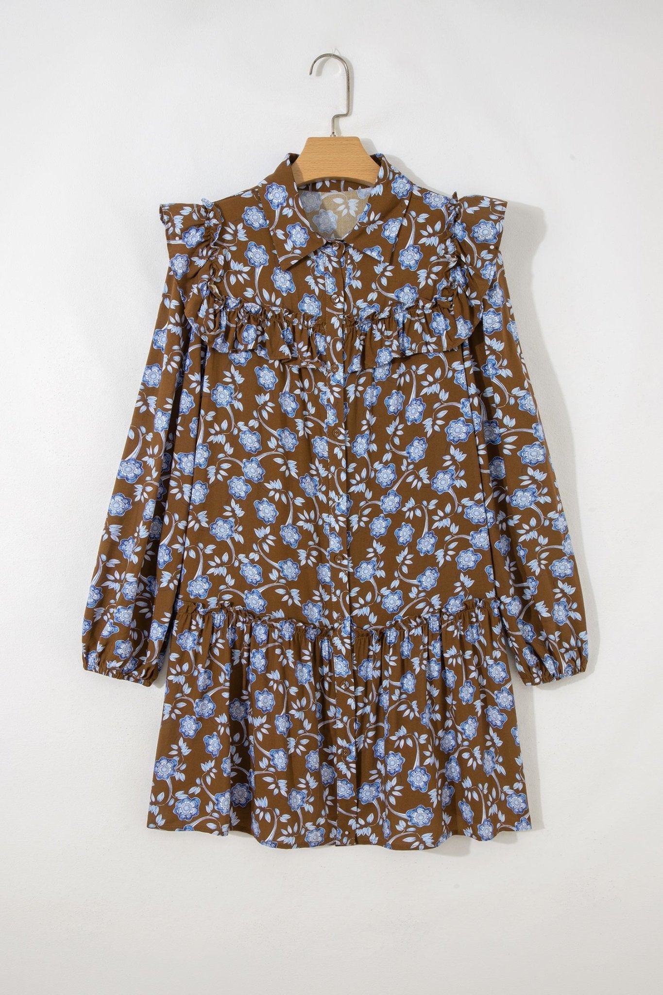 Floral Ruffle Shirt Collar Buttoned Long Sleeve Dress - Rooted & Reckless Co.