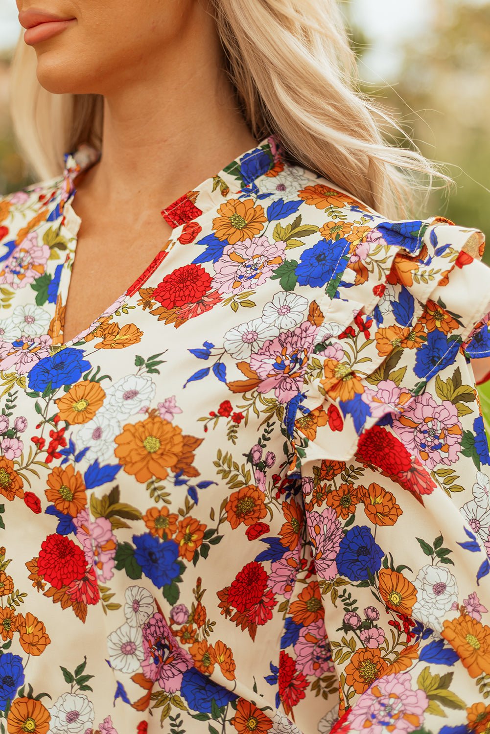 Floral Ruffle Shoulder Long Sleeve Blouse - Rooted & Reckless Co.