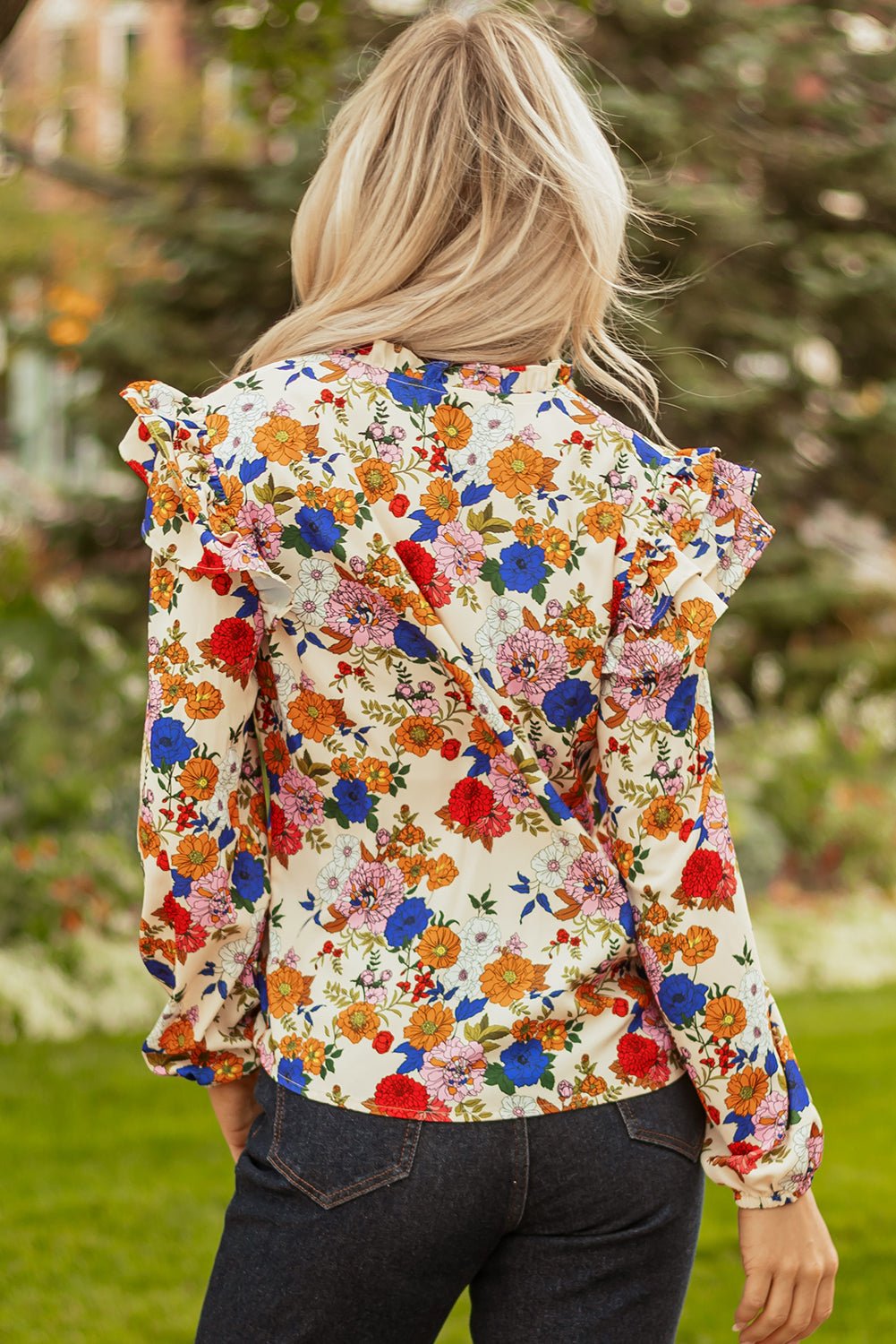 Floral Ruffle Shoulder Long Sleeve Blouse - Rooted & Reckless Co.