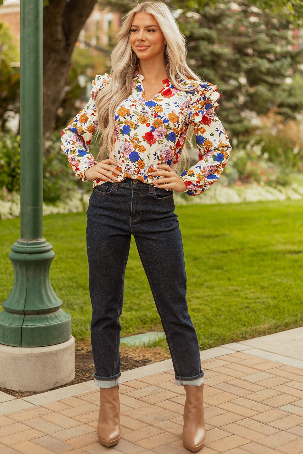 Floral Ruffle Shoulder Long Sleeve Blouse - Rooted & Reckless Co.