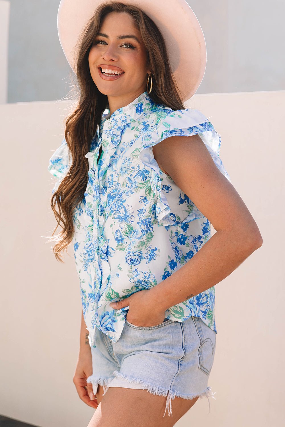 Floral Ruffle Sleeve Frilled Button-Up Shirt - Rooted & Reckless Co.