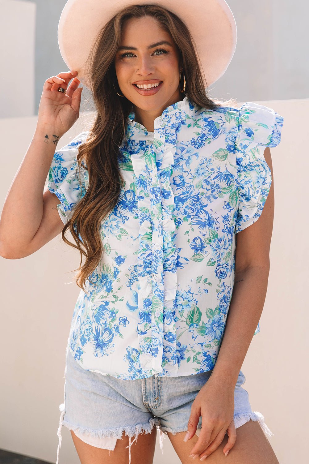 Floral Ruffle Sleeve Frilled Button-Up Shirt - Rooted & Reckless Co.