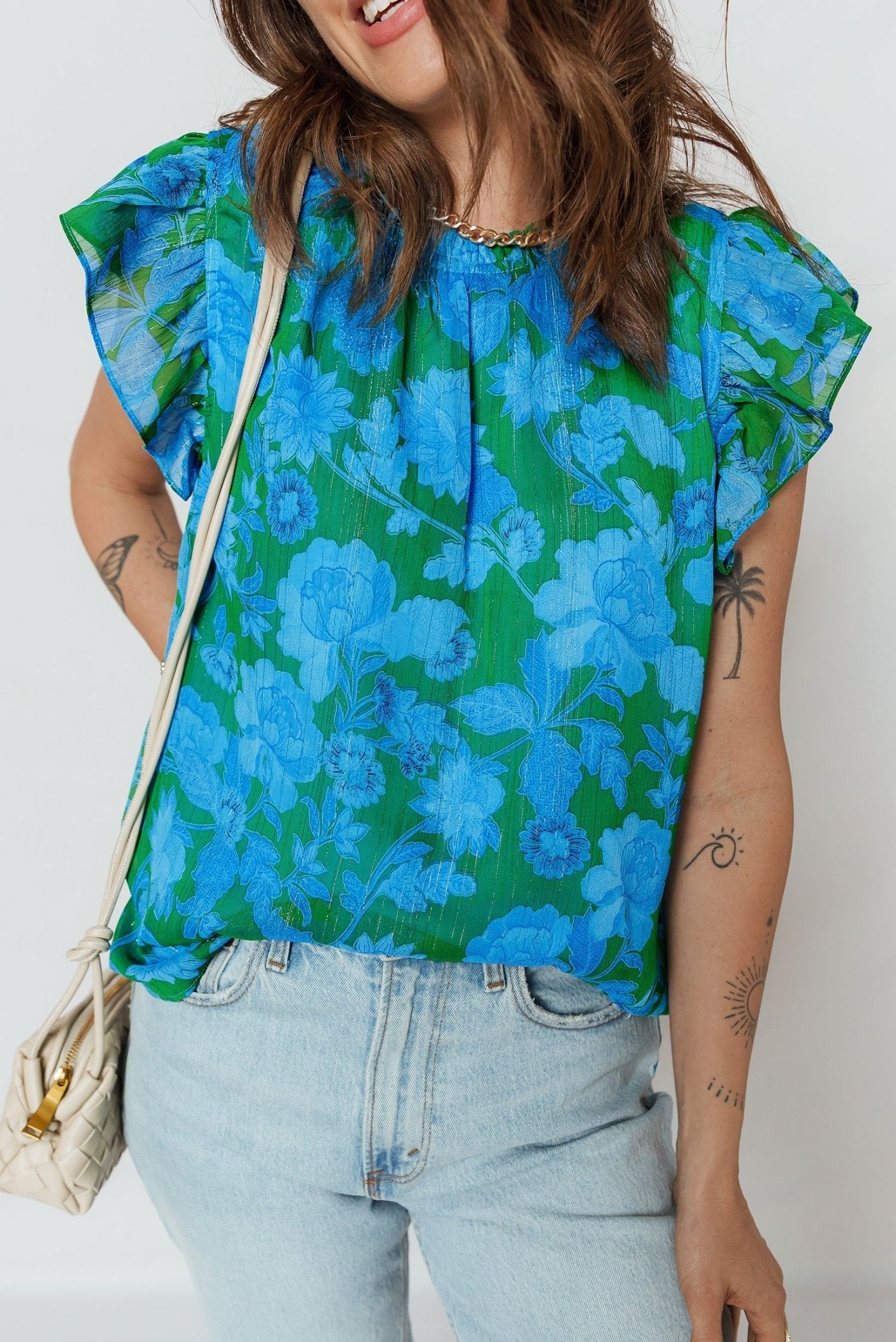 Floral Ruffle Sleeve Keyhole Back Blouse - Rooted & Reckless Co.