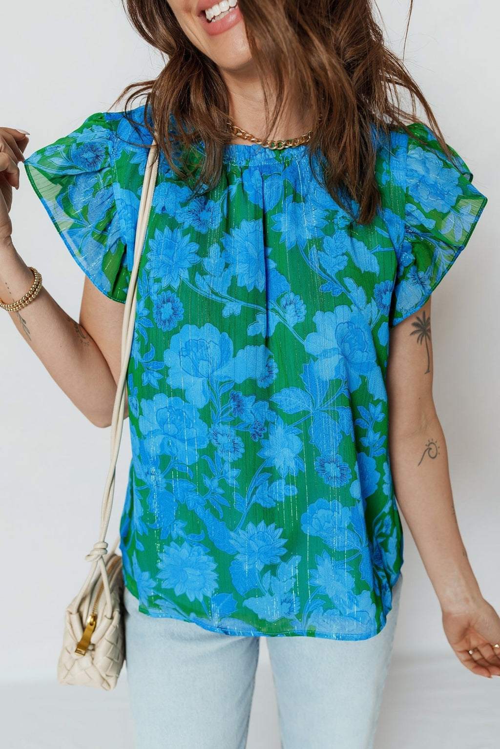 Floral Ruffle Sleeve Keyhole Back Blouse - Rooted & Reckless Co.