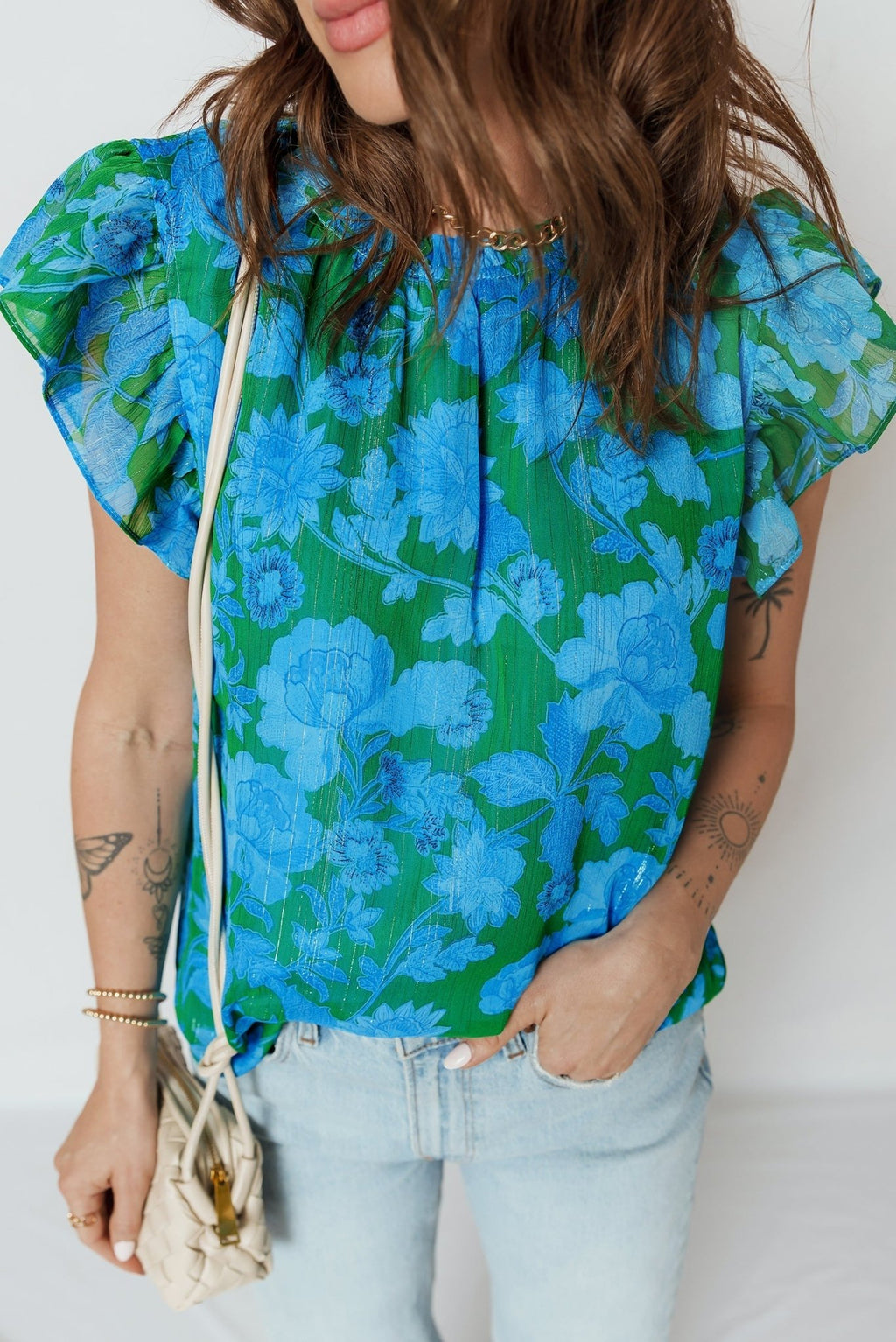 Floral Ruffle Sleeve Keyhole Back Blouse - Rooted & Reckless Co.
