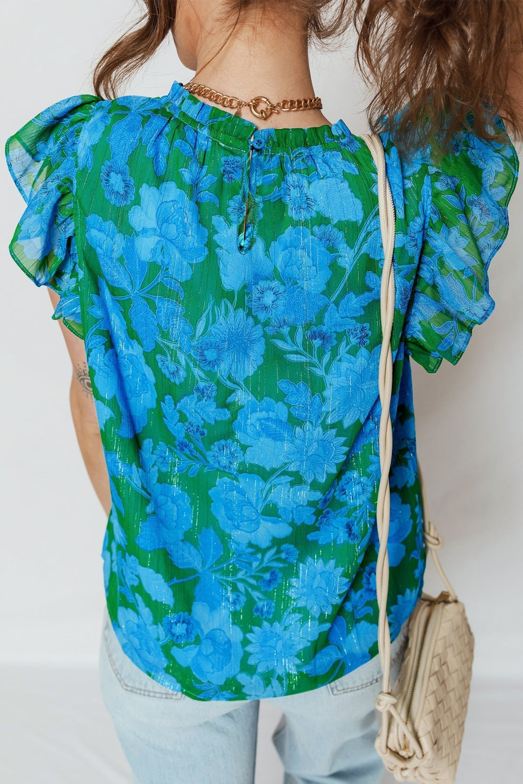 Floral Ruffle Sleeve Keyhole Back Blouse - Rooted & Reckless Co.