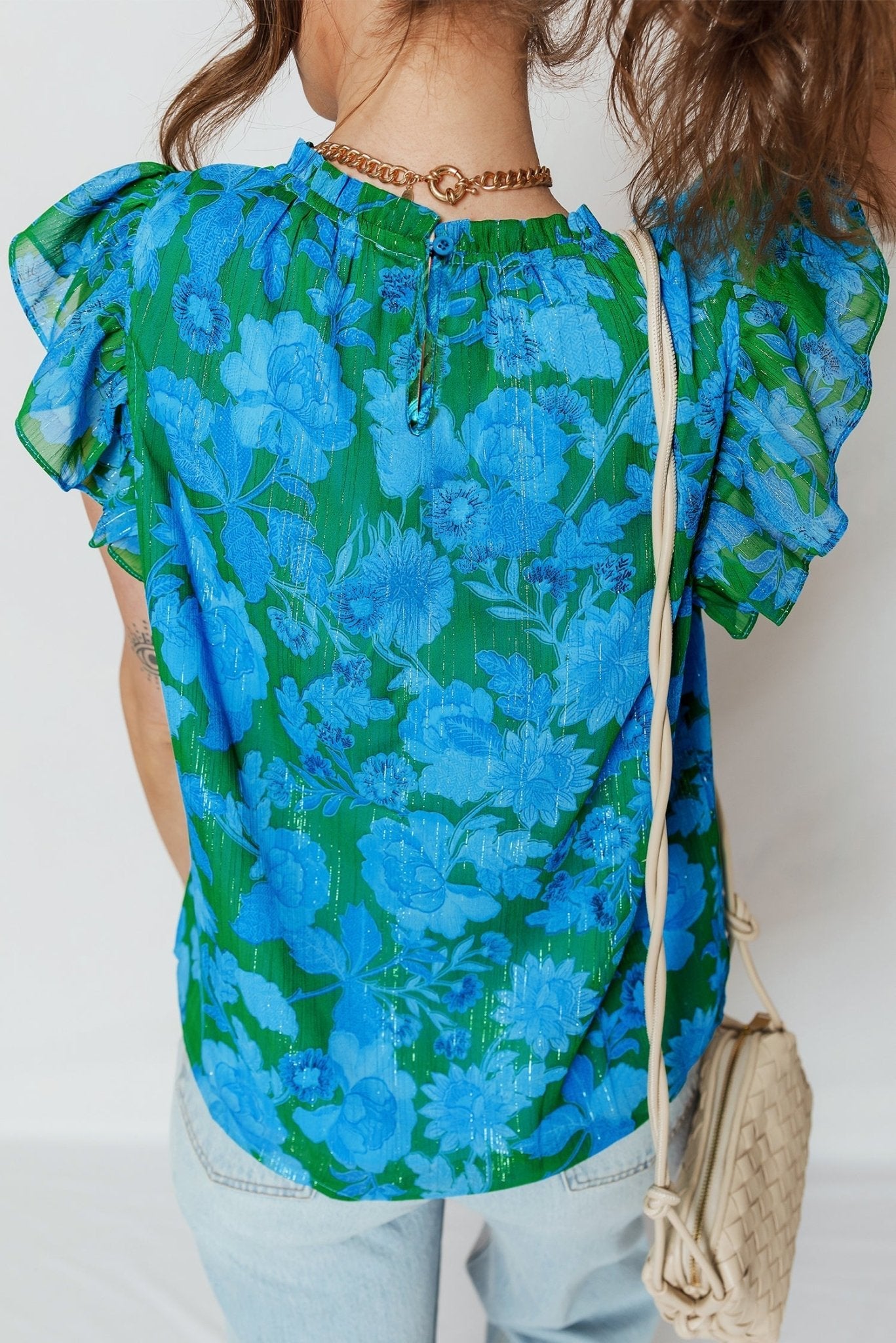 Floral Ruffle Sleeve Keyhole Back Blouse - Rooted & Reckless Co.