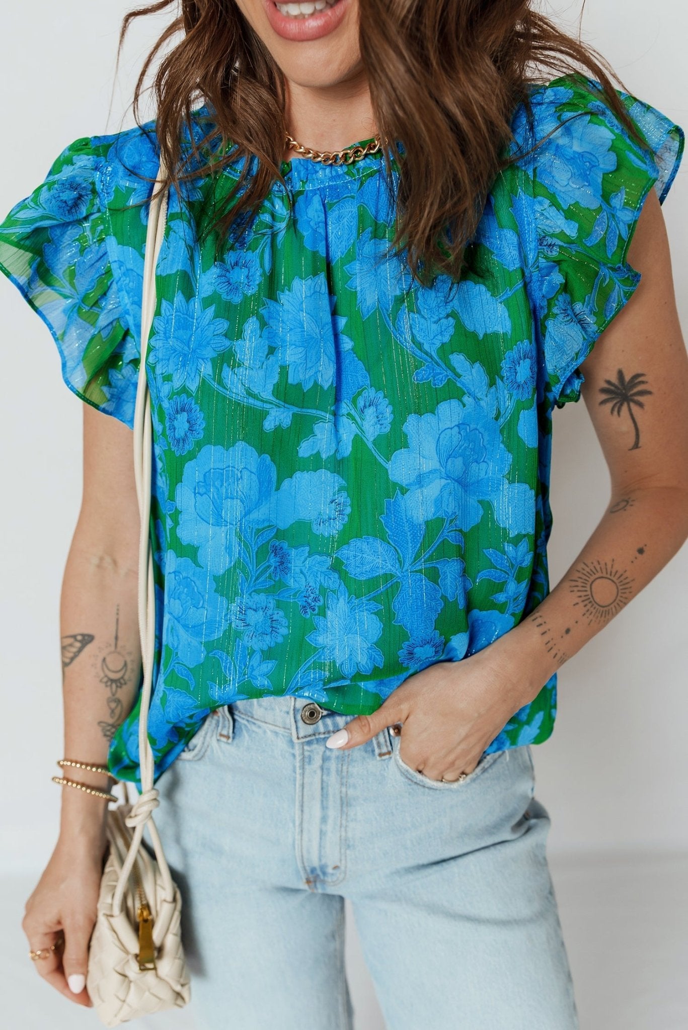 Floral Ruffle Sleeve Keyhole Back Blouse - Rooted & Reckless Co.