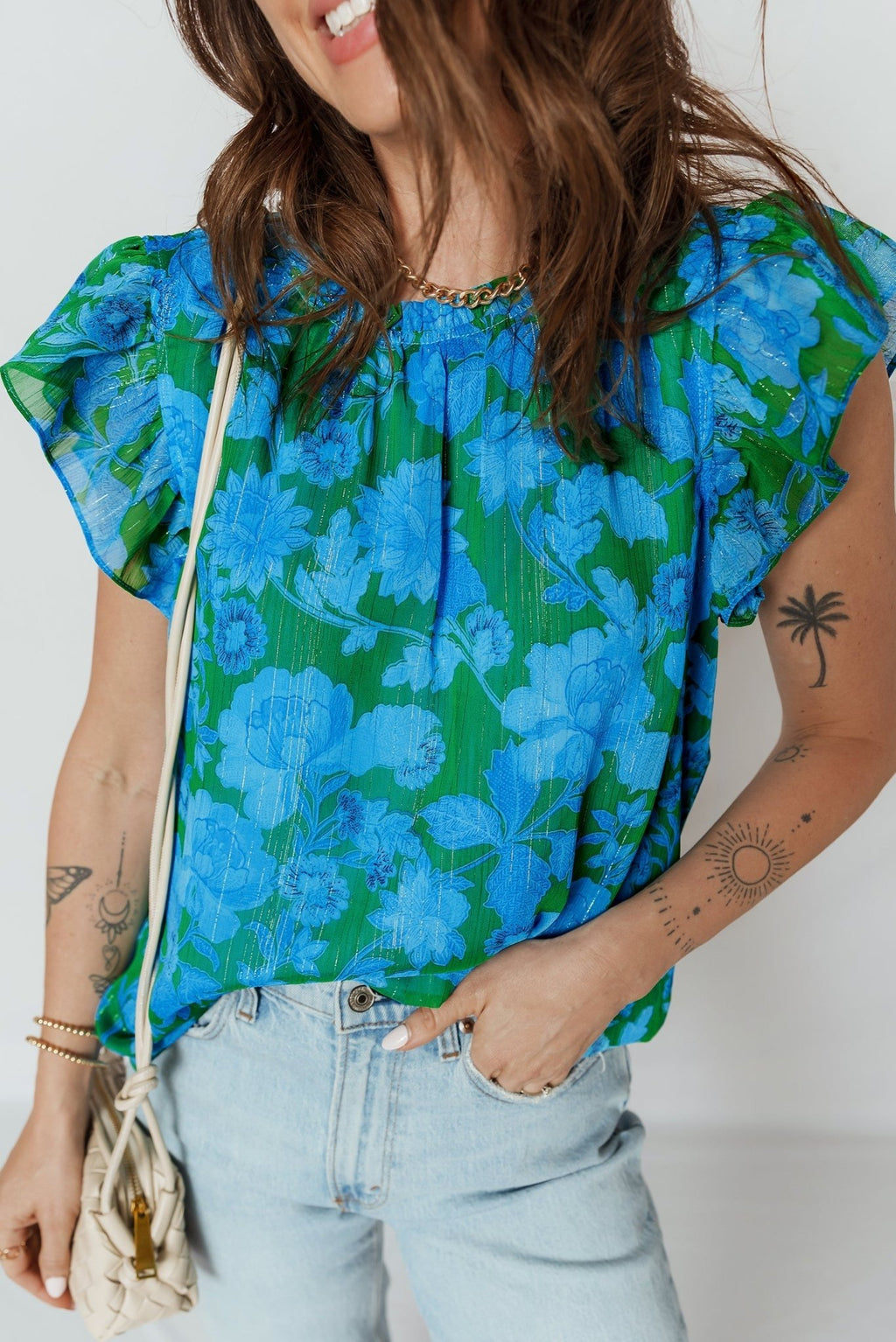Floral Ruffle Sleeve Keyhole Back Blouse - Rooted & Reckless Co.