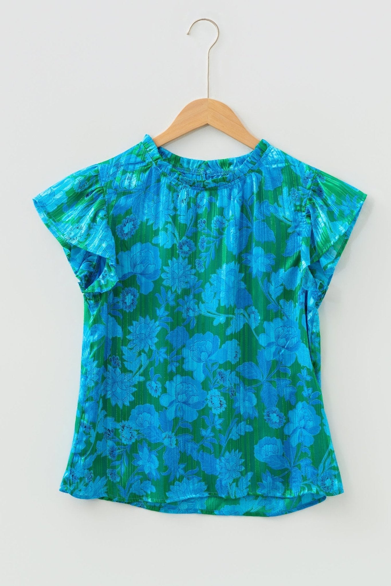 Floral Ruffle Sleeve Keyhole Back Blouse - Rooted & Reckless Co.