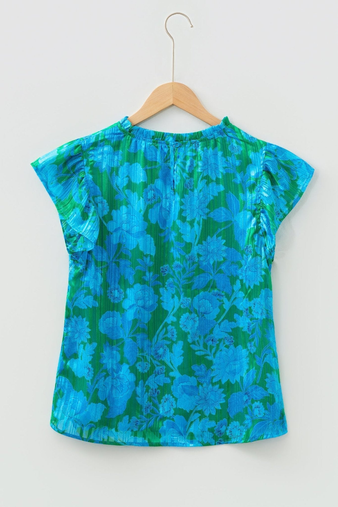 Floral Ruffle Sleeve Keyhole Back Blouse - Rooted & Reckless Co.