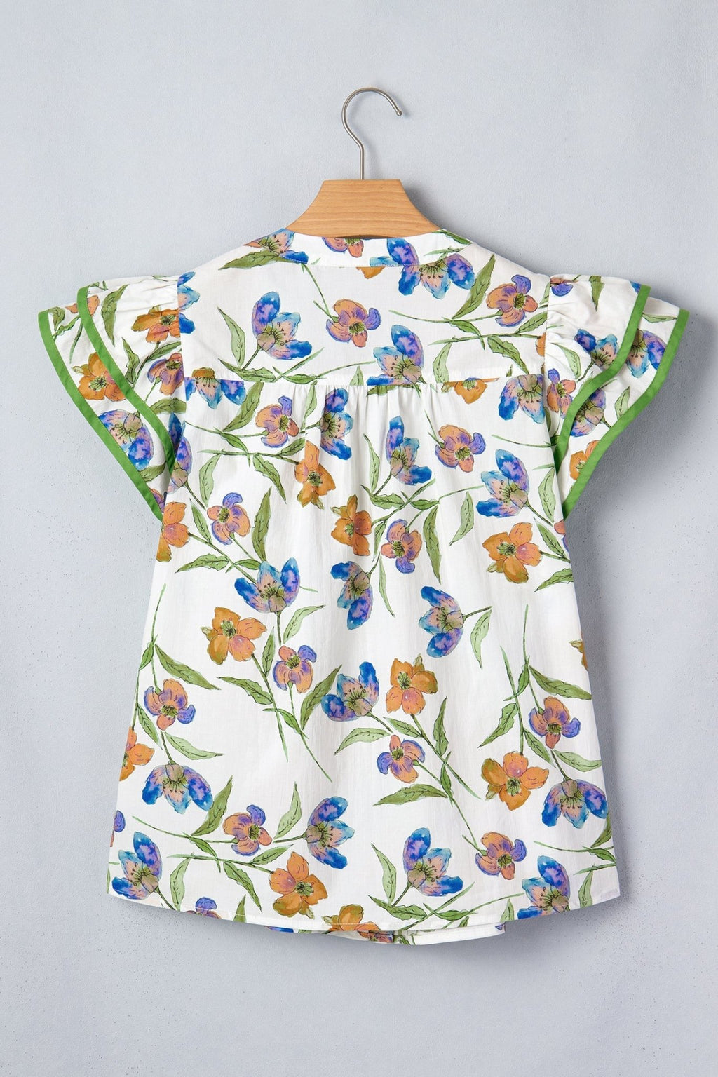 Floral Ruffle Sleeve Pleated Button Up V-Neck Blouse - Rooted & Reckless Co.