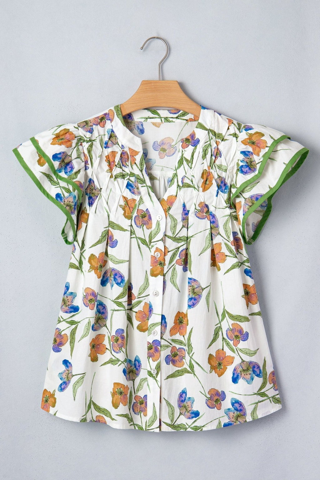 Floral Ruffle Sleeve Pleated Button Up V-Neck Blouse - Rooted & Reckless Co.