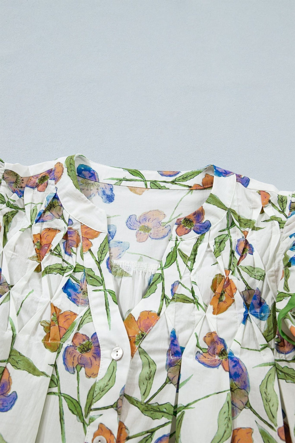 Floral Ruffle Sleeve Pleated Button Up V-Neck Blouse - Rooted & Reckless Co.