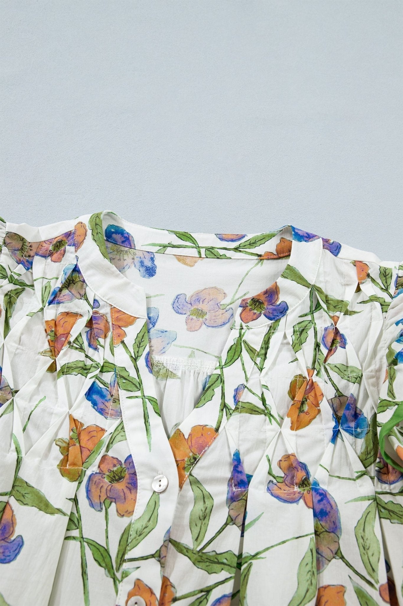 Floral Ruffle Sleeve Pleated Button Up V-Neck Blouse - Rooted & Reckless Co.