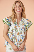 Floral Ruffle Sleeve Pleated Button Up V-Neck Blouse - Rooted & Reckless Co.