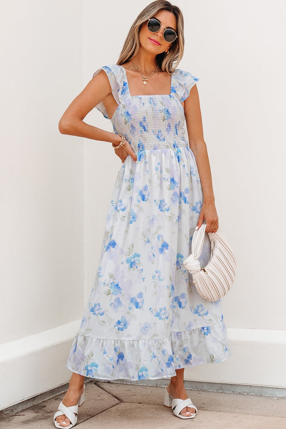 Floral Ruffle Sleeve Smocked High Waist Dress - Rooted & Reckless Co.