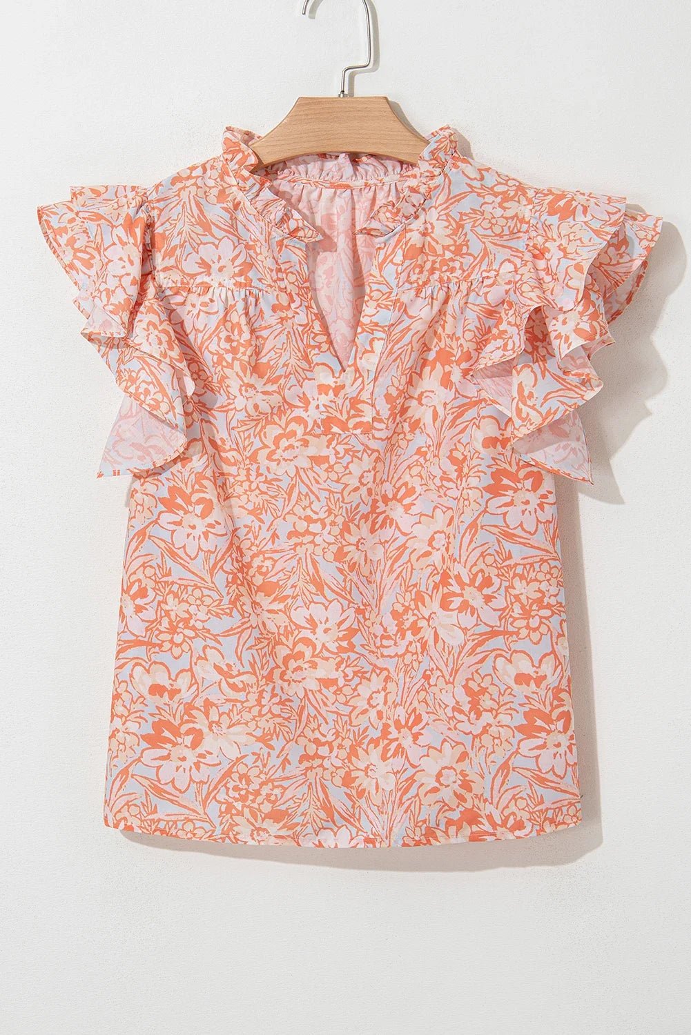 Floral Ruffle Sleeve Split Neck Blouse - Rooted & Reckless Co.