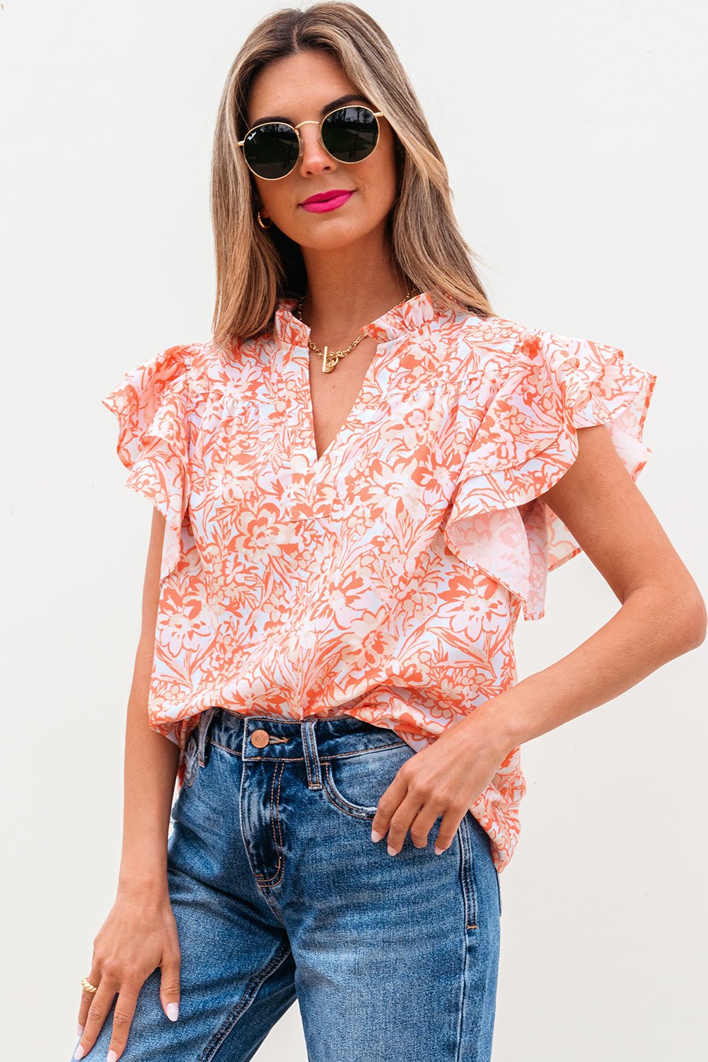 Floral Ruffle Sleeve Split Neck Blouse - Rooted & Reckless Co.