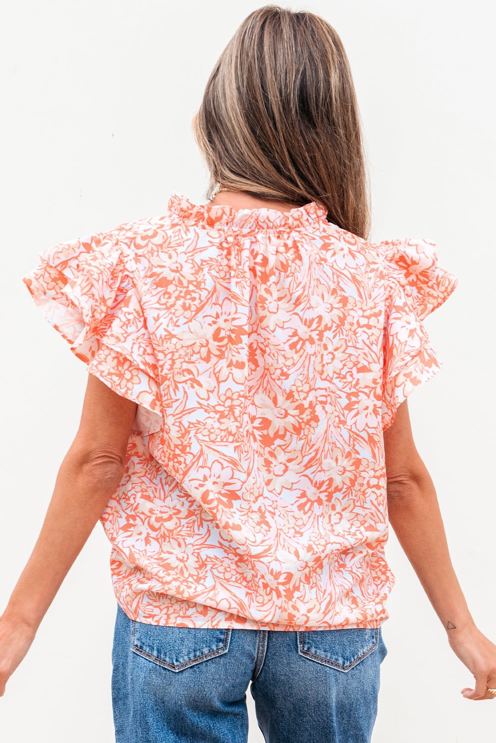 Floral Ruffle Sleeve Split Neck Blouse - Rooted & Reckless Co.