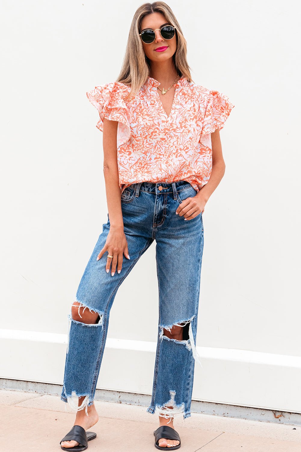 Floral Ruffle Sleeve Split Neck Blouse - Rooted & Reckless Co.