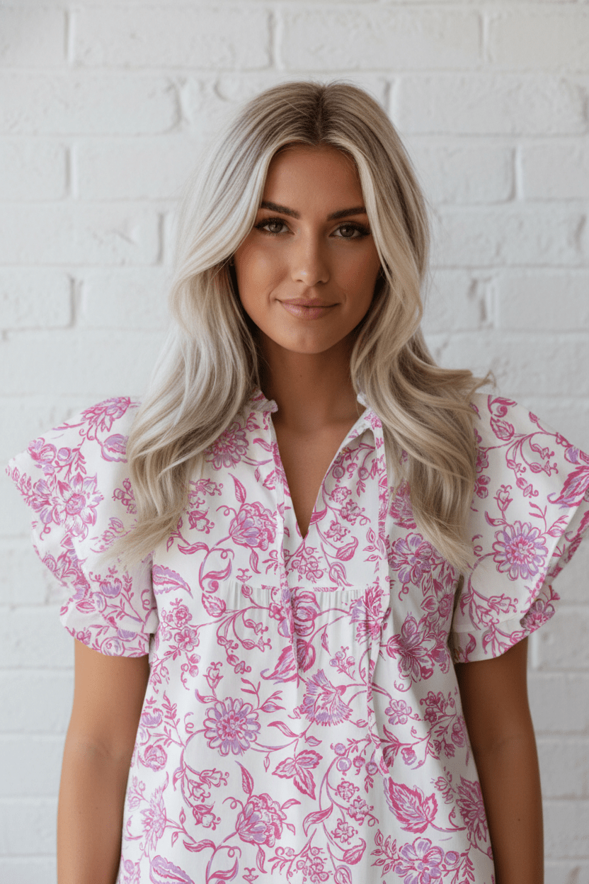 Floral Ruffle Sleeve V-Neck Blouse - Rooted & Reckless Co.
